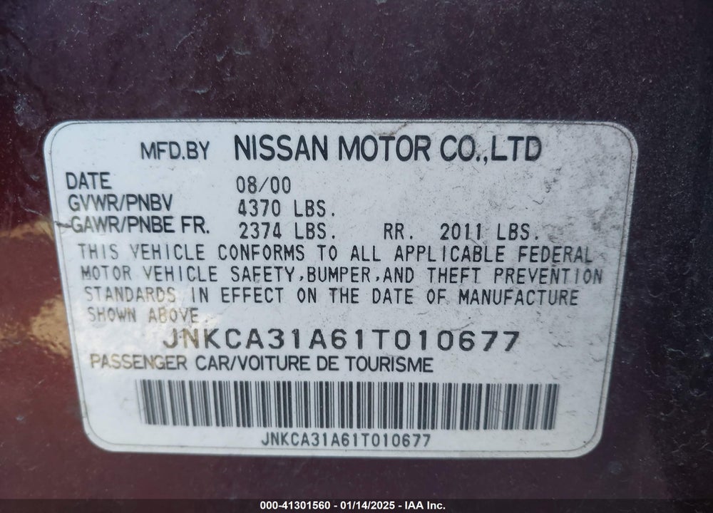 2001 INFINITI I30 LUXURY VIN: JNKCA31A61T010677