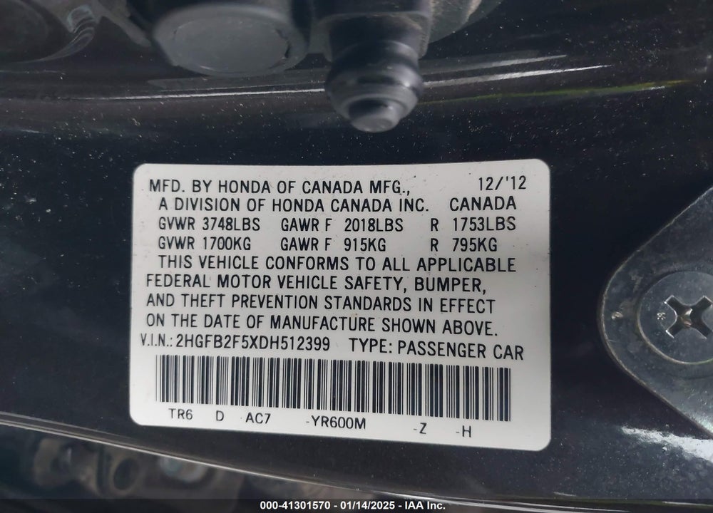 2013 HONDA CIVIC LX VIN: 2HGFB2F5XDH512399