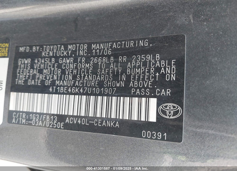 2007 TOYOTA CAMRY LE VIN: 4T1BE46K47U101907