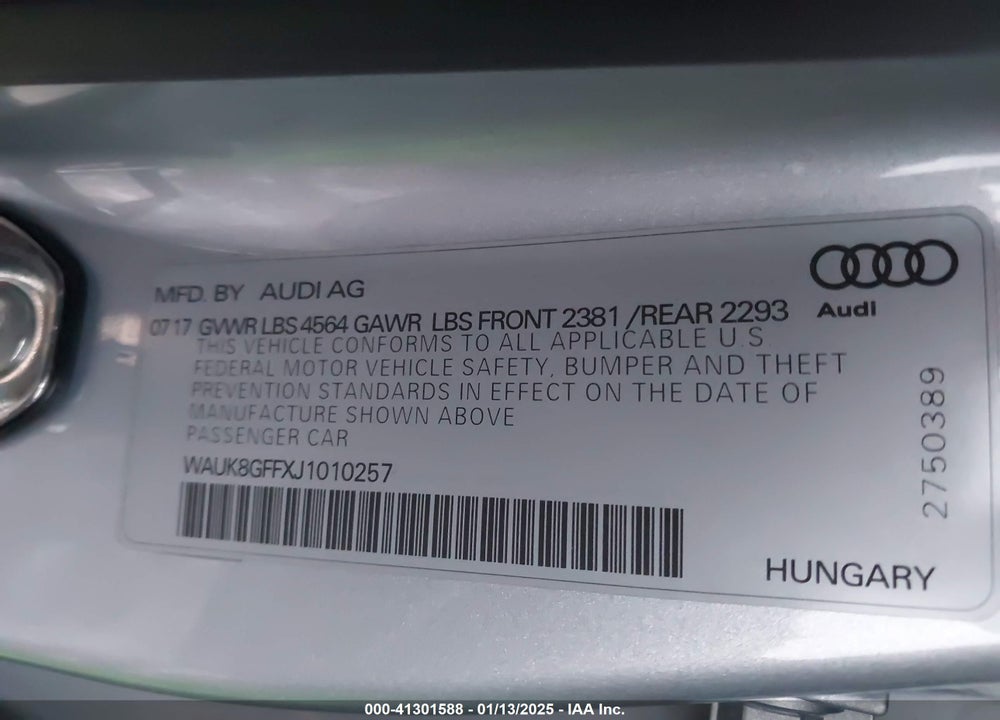 2018 AUDI A3 2.0T PREMIUM VIN: WAUK8GFFXJ1010257