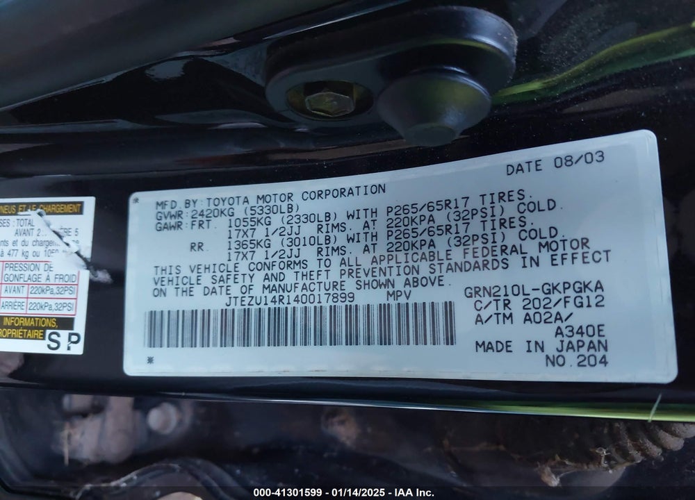 2004 TOYOTA 4RUNNER SR5 V6 VIN: JTEZU14R140017899