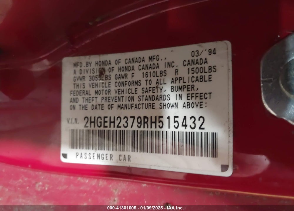 1994 HONDA CIVIC VX VIN: 2HGEH2379RH515432