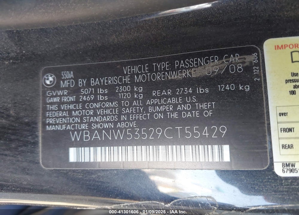 2009 BMW 550I VIN: WBANW53529CT55429