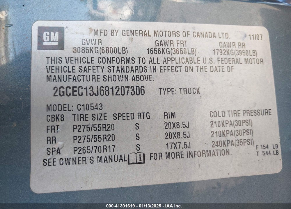 2008 CHEVROLET SILVERADO 1500 LT1 VIN: 2GCEC13J681207306
