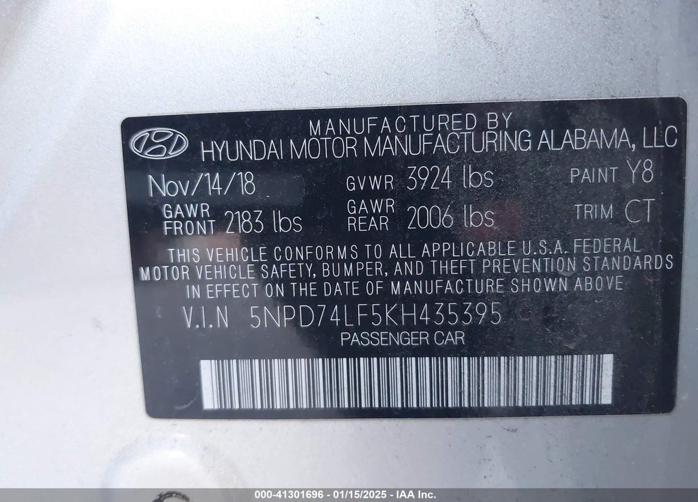 2019 HYUNDAI ELANTRA VIN: 5NPD74LF5KH435395