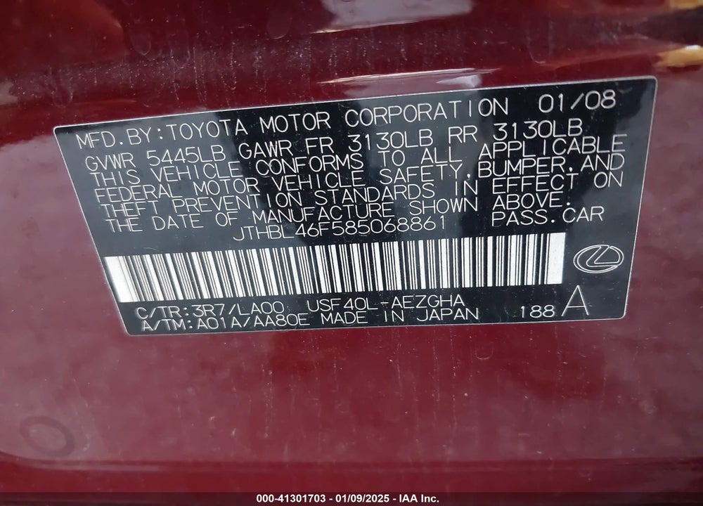 2008 LEXUS LS 460 VIN: JTHBL46F585068861