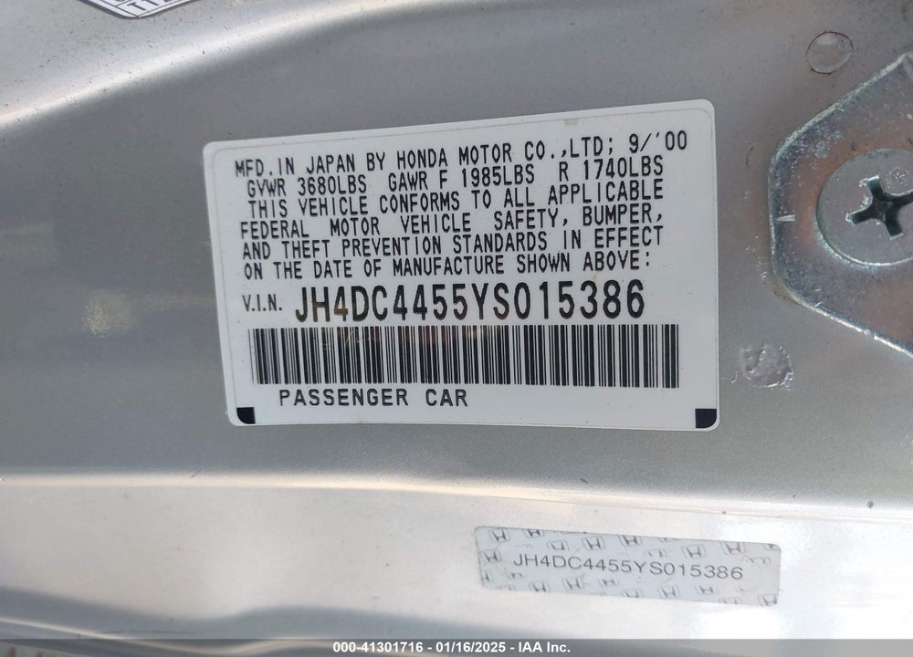 2000 ACURA INTEGRA LS VIN: JH4DC4455YS015386