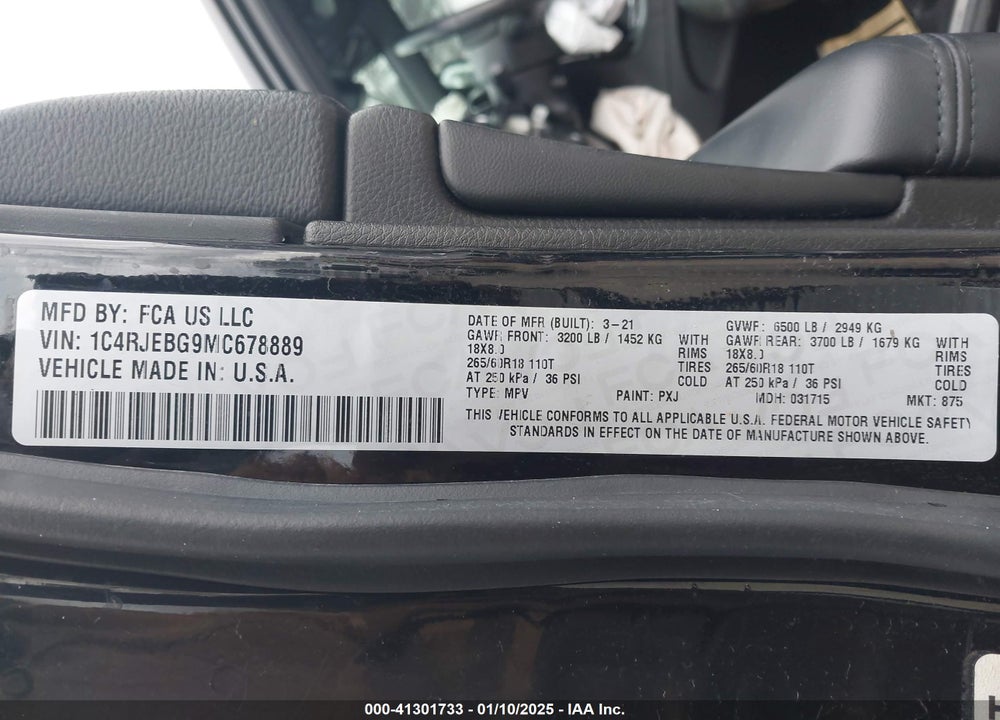 2021 JEEP GRAND CHEROKEE LIMITED 4X2 VIN: 1C4RJEBG9MC678889