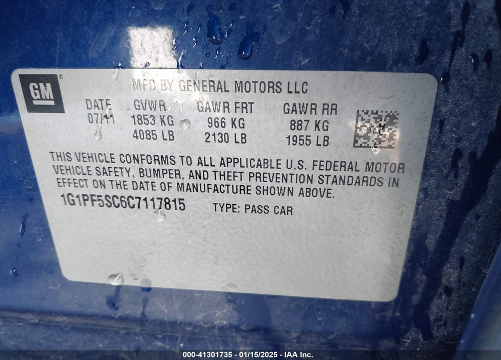 2012 CHEVROLET CRUZE 1LT VIN: 1G1PF5SC6C7117815