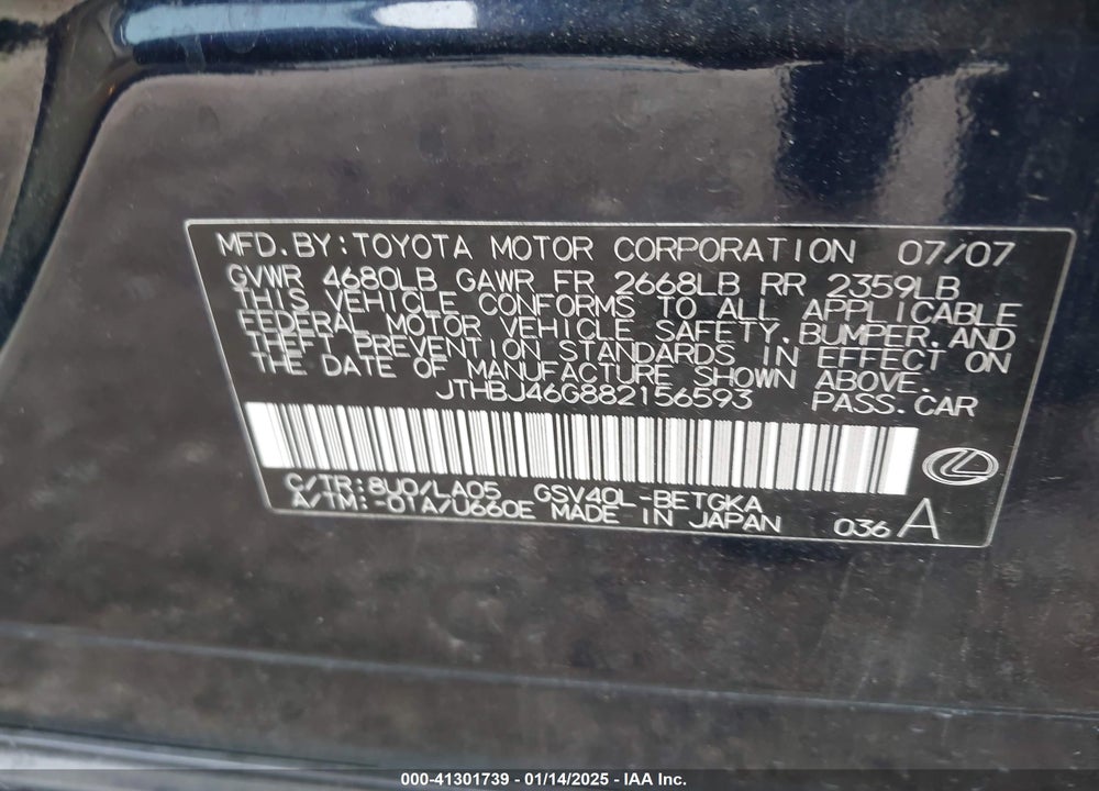 2008 LEXUS ES 350 VIN: JTHBJ46G882156593