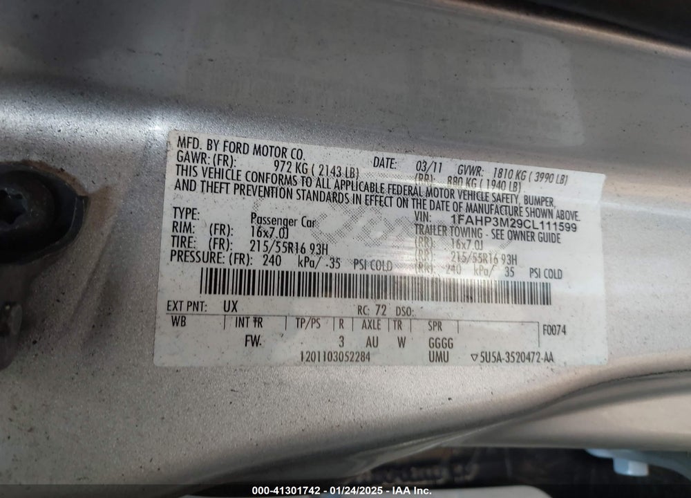 2012 FORD FOCUS VIN: 1FAHP3M29CL111599
