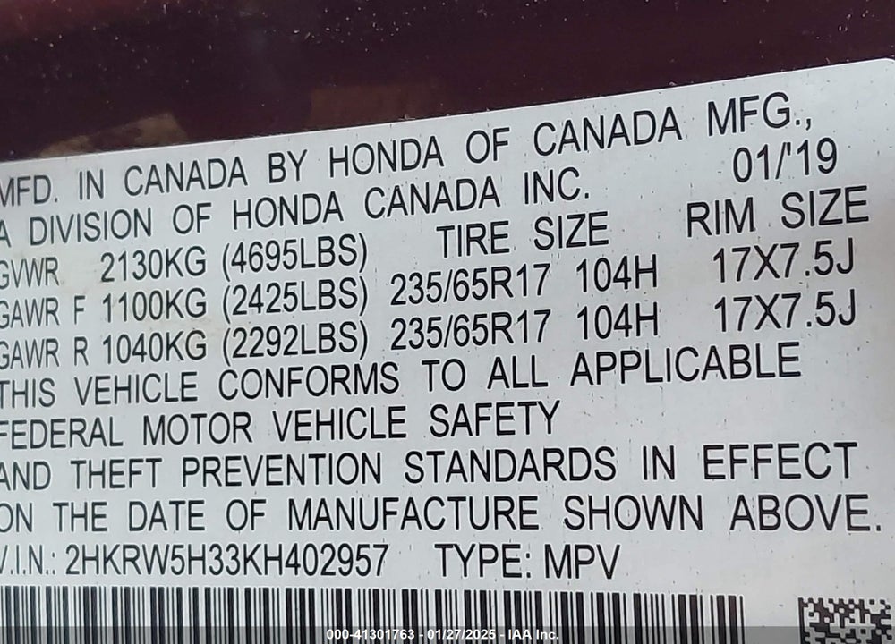 2019 HONDA CR-V LX VIN: 2HKRW5H33KH402957