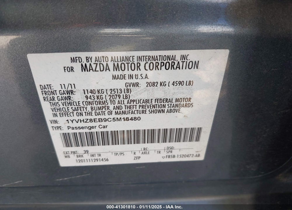 2012 MAZDA 6 S TOURING PLUS VIN: 1YVHZ8EB9C5M18480