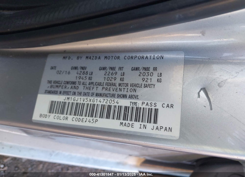 2016 MAZDA 6 I TOURING VIN: JM1GJ1V5XG1472054