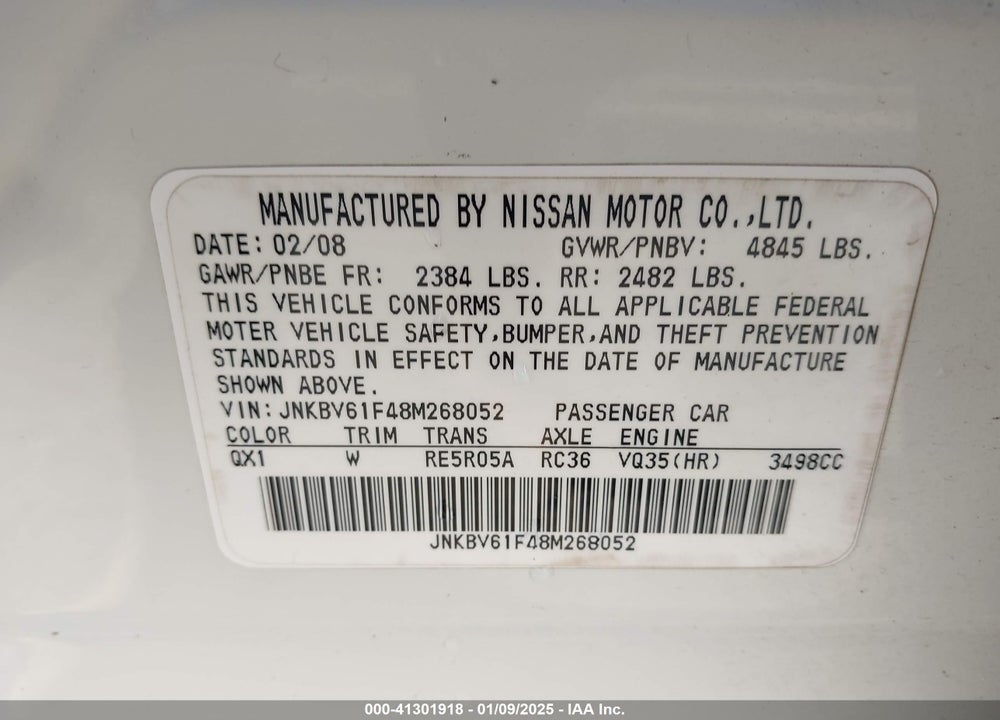 2008 INFINITI G35X VIN: JNKBV61F48M268052