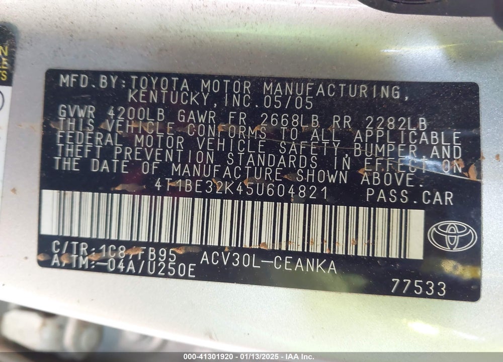 2005 TOYOTA CAMRY LE VIN: 4T1BE32K45U604821