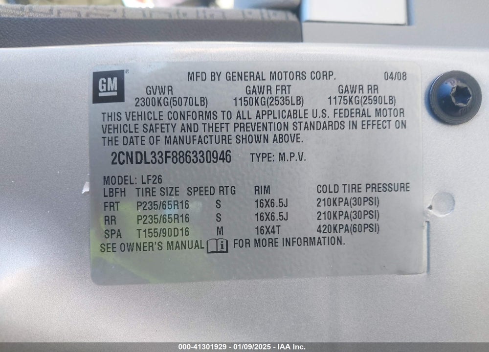 2008 CHEVROLET EQUINOX LT VIN: 2CNDL33F886330946