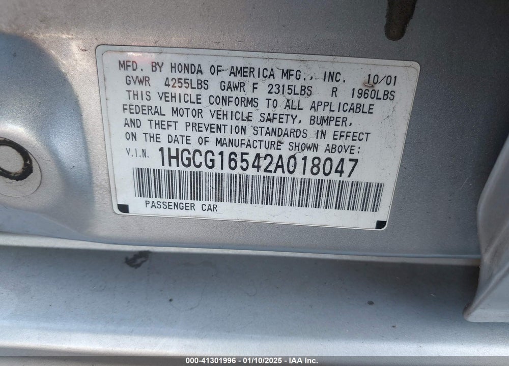 2002 HONDA ACCORD 3.0 EX VIN: 1HGCG16542A018047