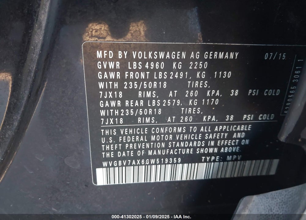 2016 VOLKSWAGEN TIGUAN SE VIN: WVGBV7AX6GW519359