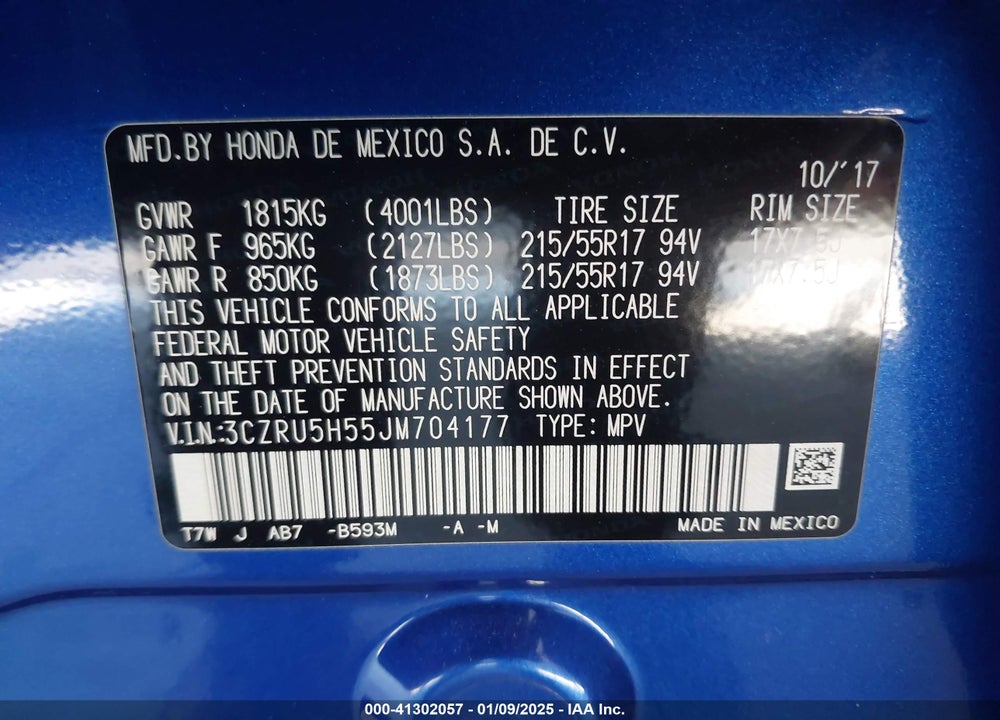 2018 HONDA HR-V EX VIN: 3CZRU5H55JM704177