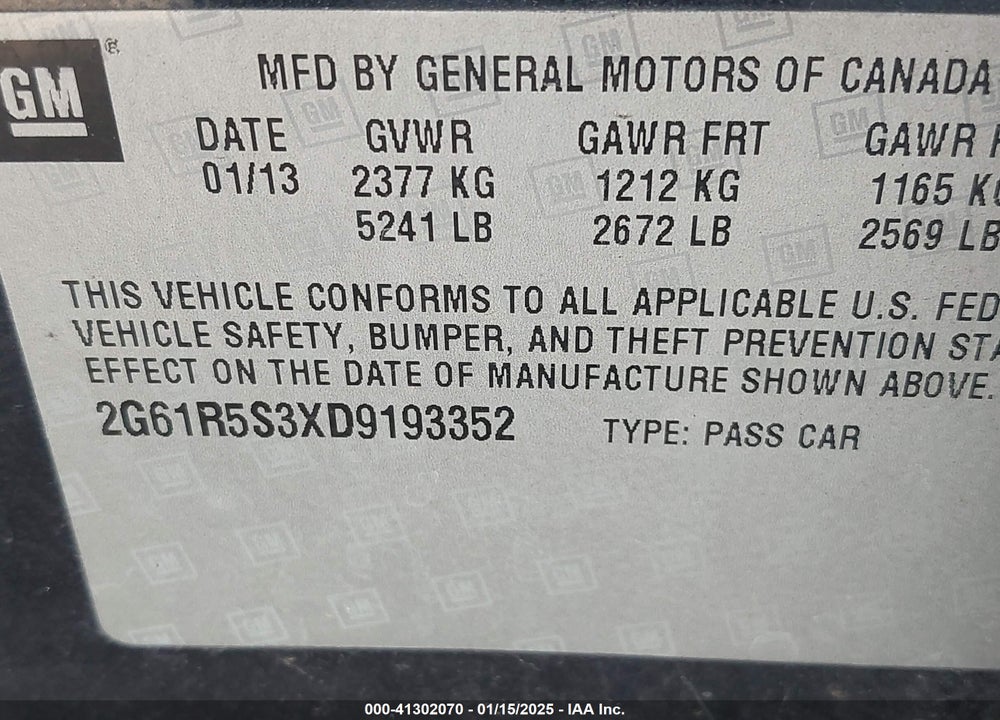 2013 CADILLAC XTS LUXURY VIN: 2G61R5S3XD9193352