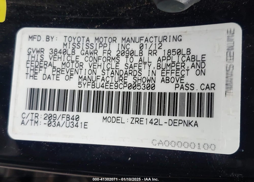 2012 TOYOTA COROLLA LE VIN: 5YFBU4EE9CP005300