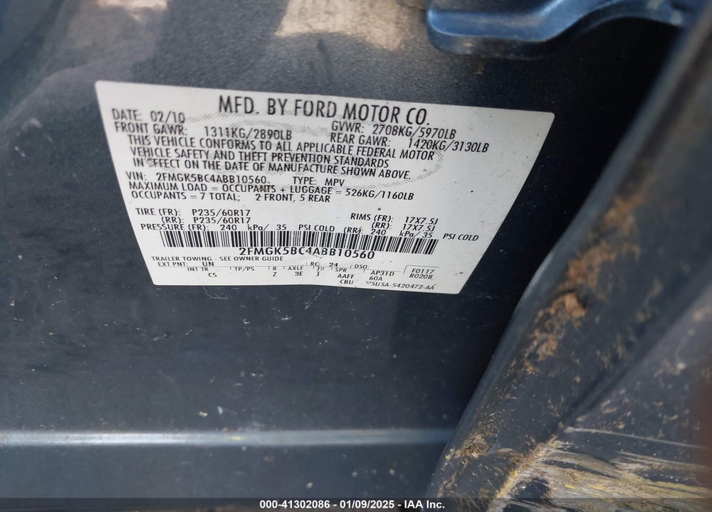 2010 FORD FLEX SE VIN: 2FMGK5BC4ABB10560