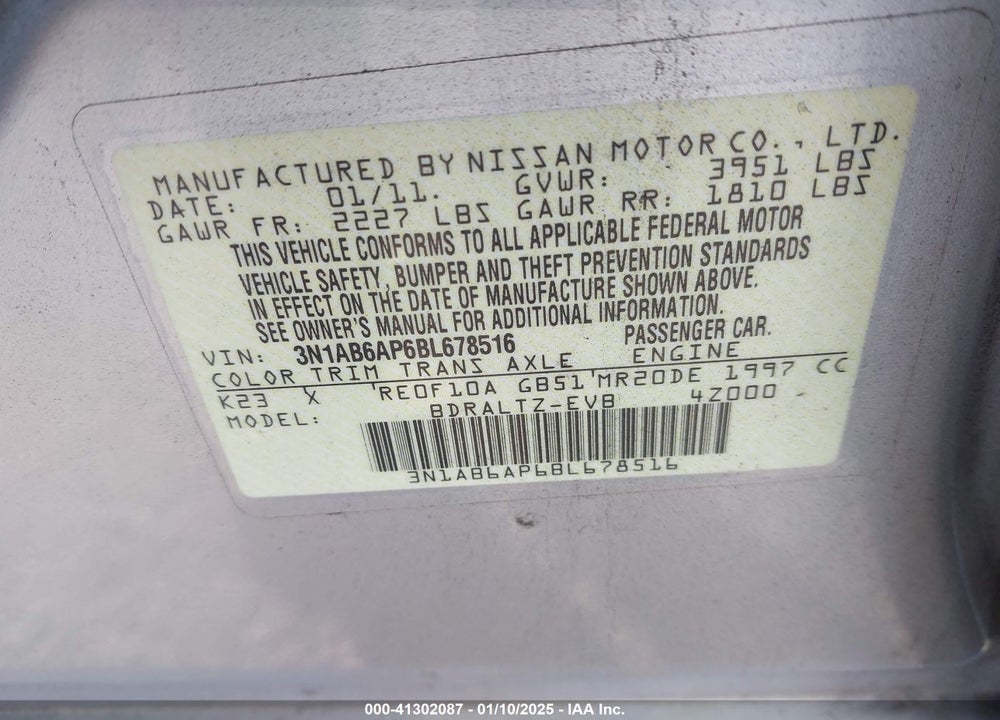 2011 NISSAN SENTRA VIN: 3N1AB6AP6BL678516