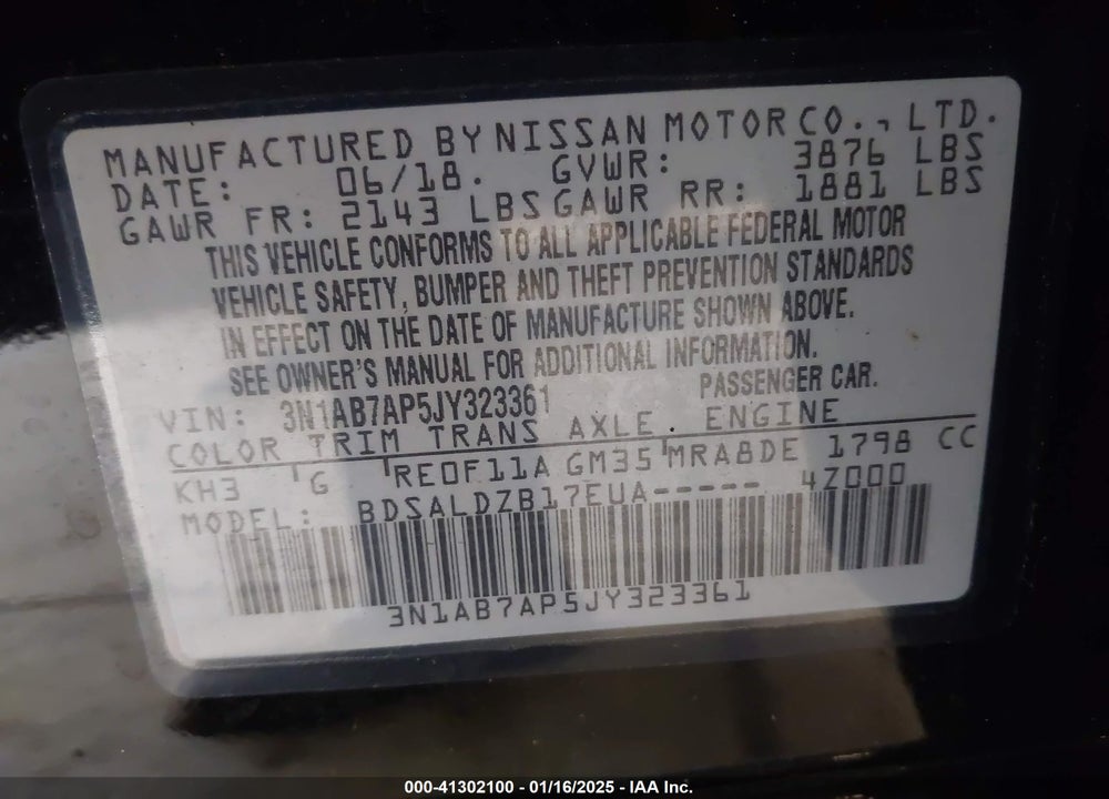 2018 NISSAN SENTRA VIN: 3N1AB7AP5JY323361