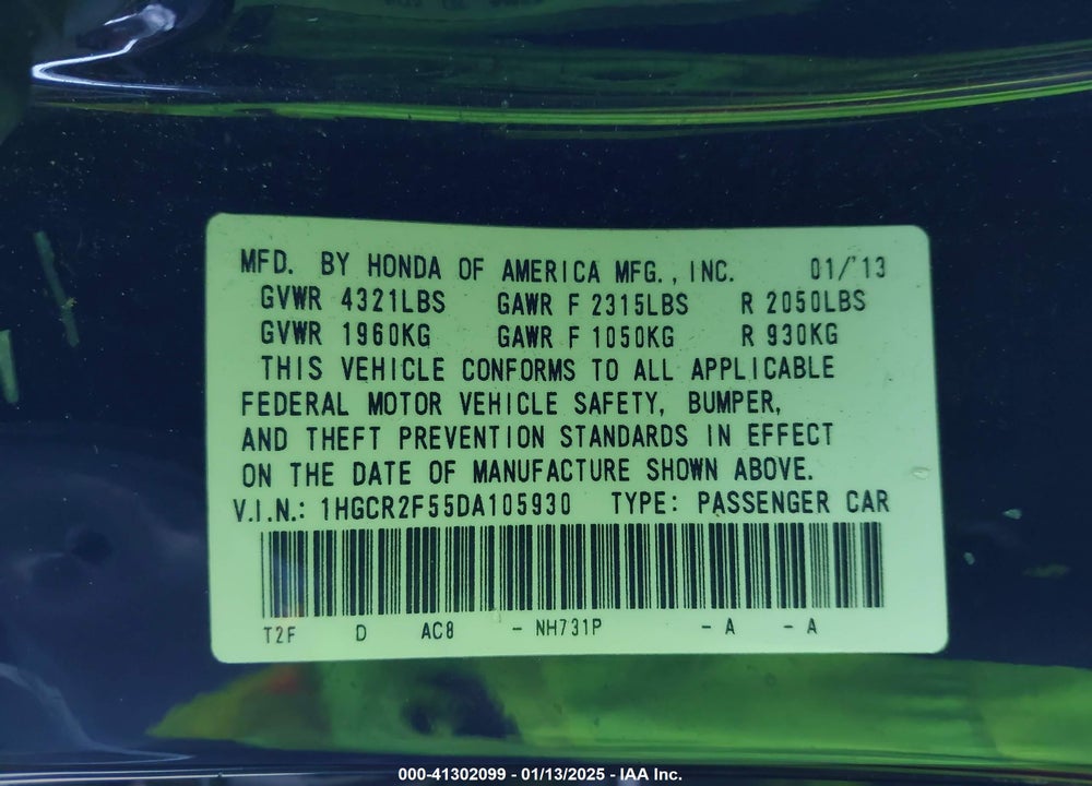 2013 HONDA ACCORD SPORT VIN: 1HGCR2F55DA105930