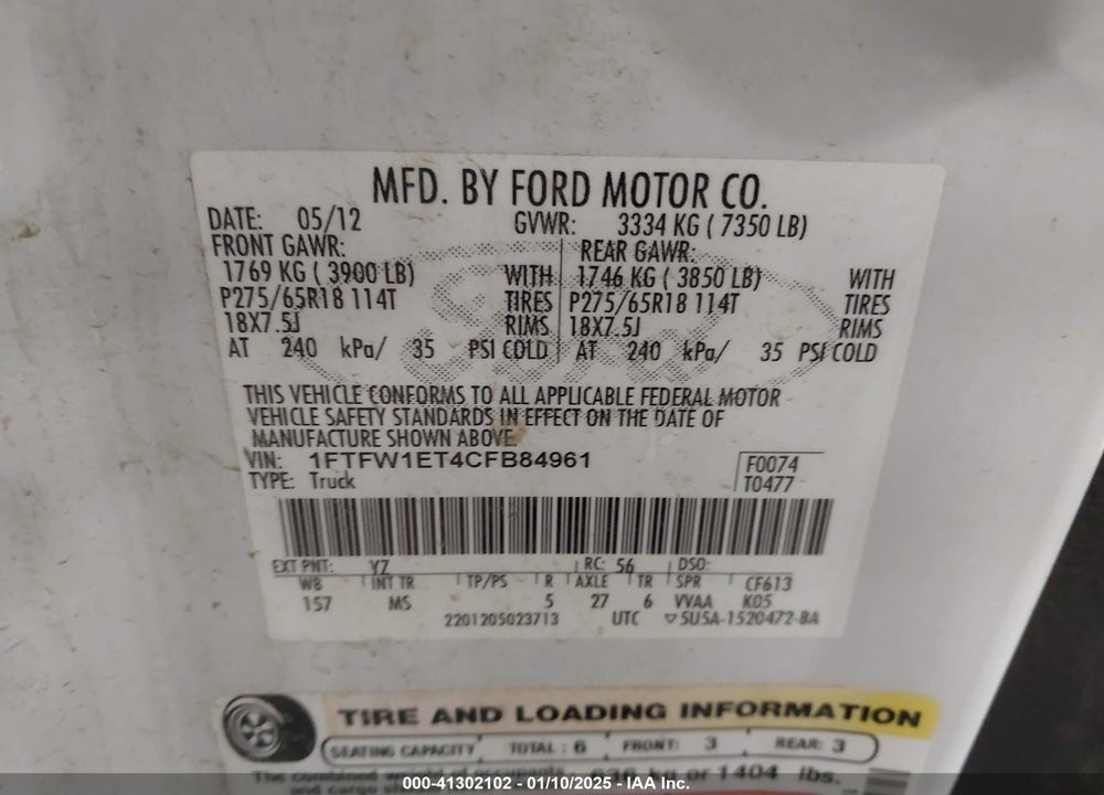 2012 FORD F-150 XLT VIN: 1FTFW1ET4CFB84961