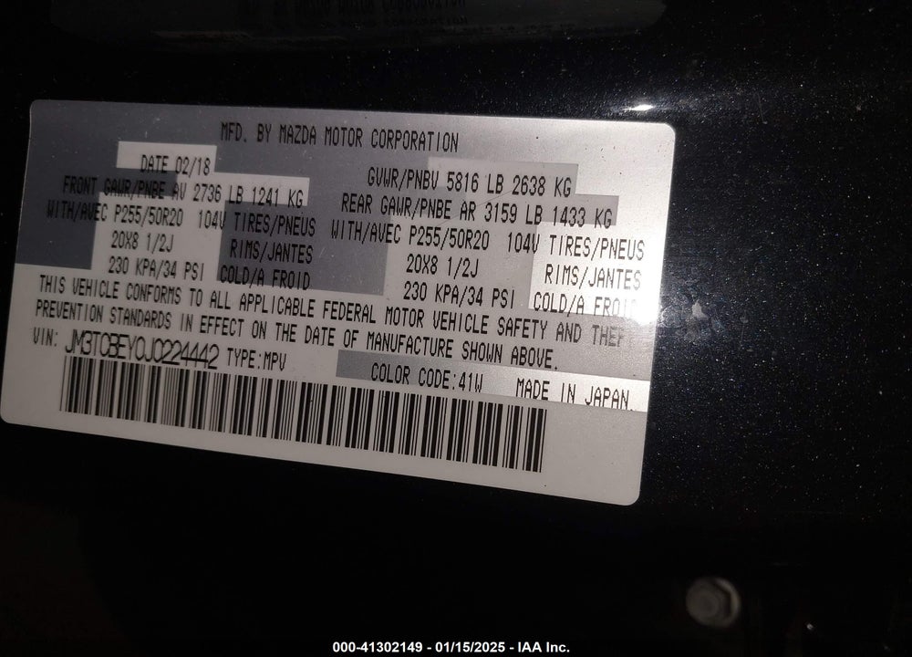 2018 MAZDA CX-9 SIGNATURE VIN: JM3TCBEY0J0224442
