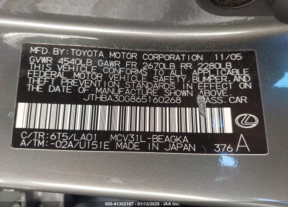 2006 LEXUS ES 330 VIN: JTHBA30G865160268