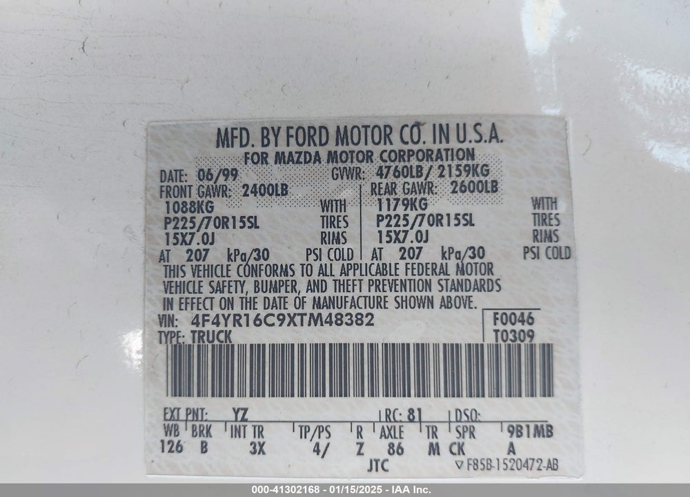 1999 MAZDA B2500 SE VIN: 4F4YR16C9XTM48382