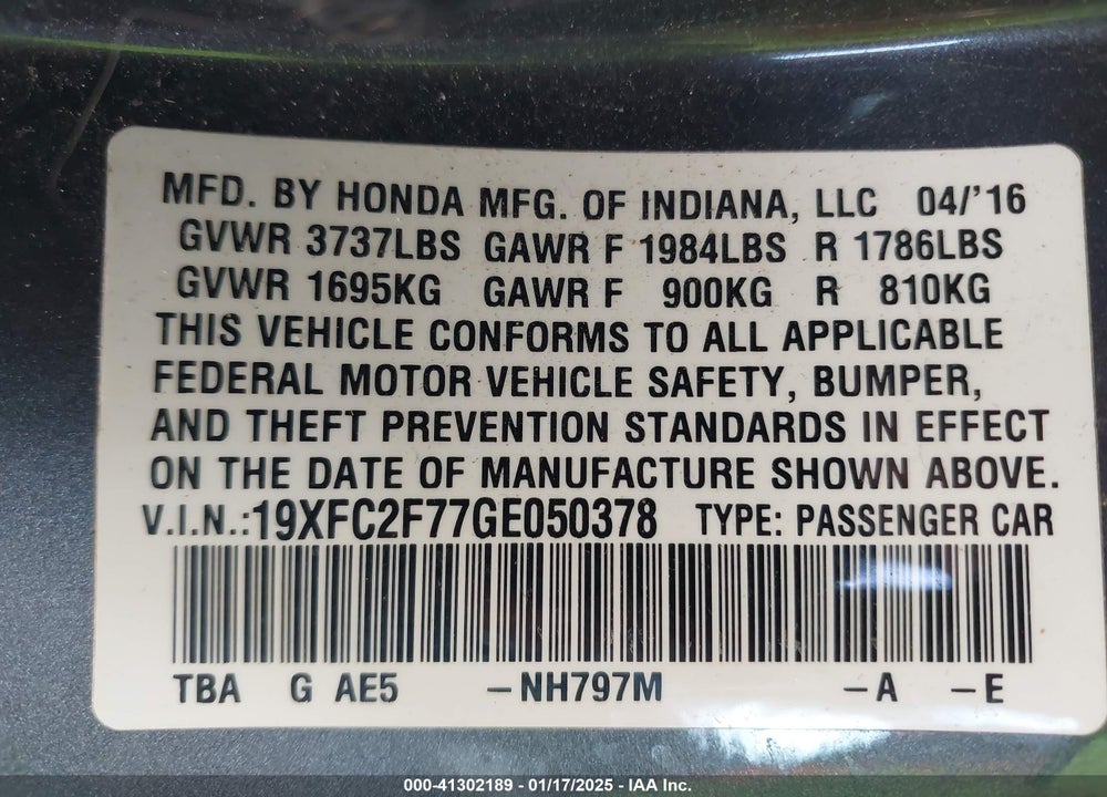 2016 HONDA CIVIC EX VIN: 19XFC2F77GE050378