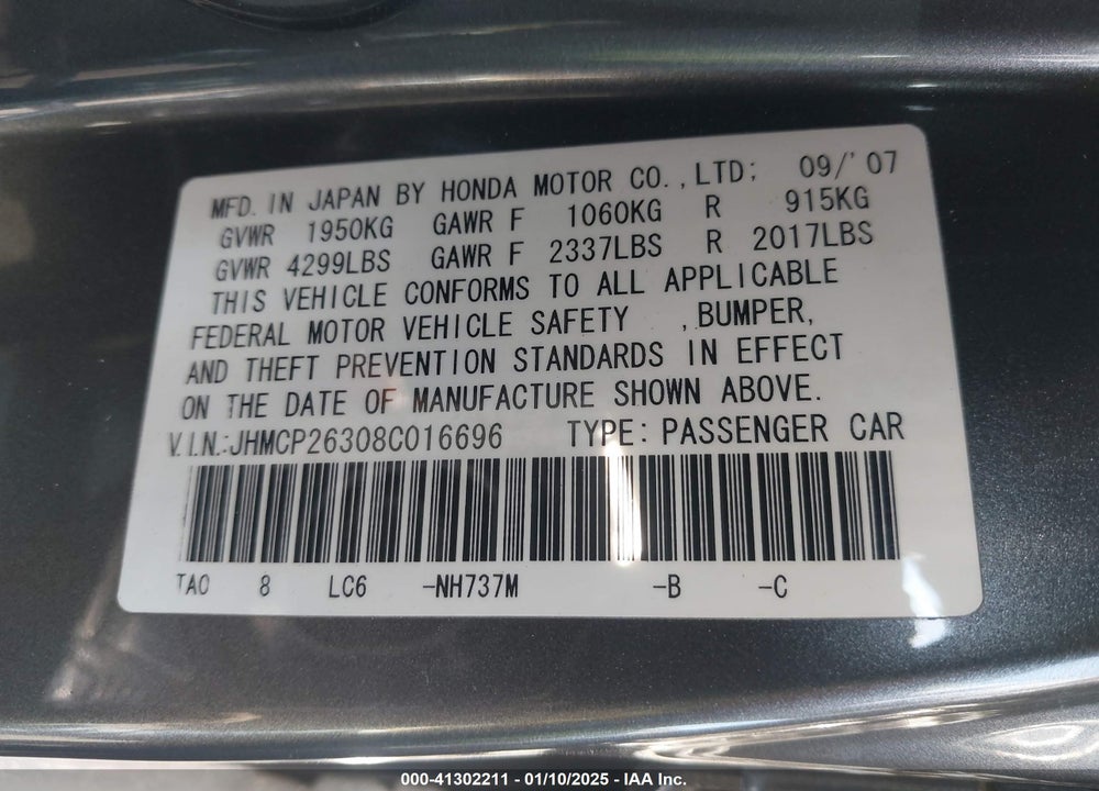 2008 HONDA ACCORD 2.4 LX VIN: JHMCP26308C016696