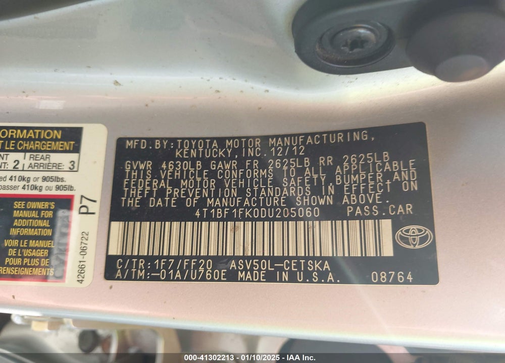 2013 TOYOTA CAMRY SE VIN: 4T1BF1FK0DU205060