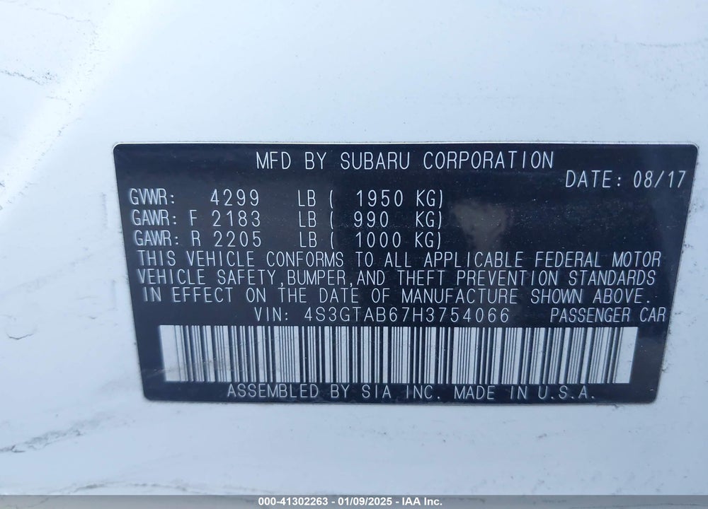 2017 SUBARU IMPREZA 2.0I PREMIUM VIN: 4S3GTAB67H3754066
