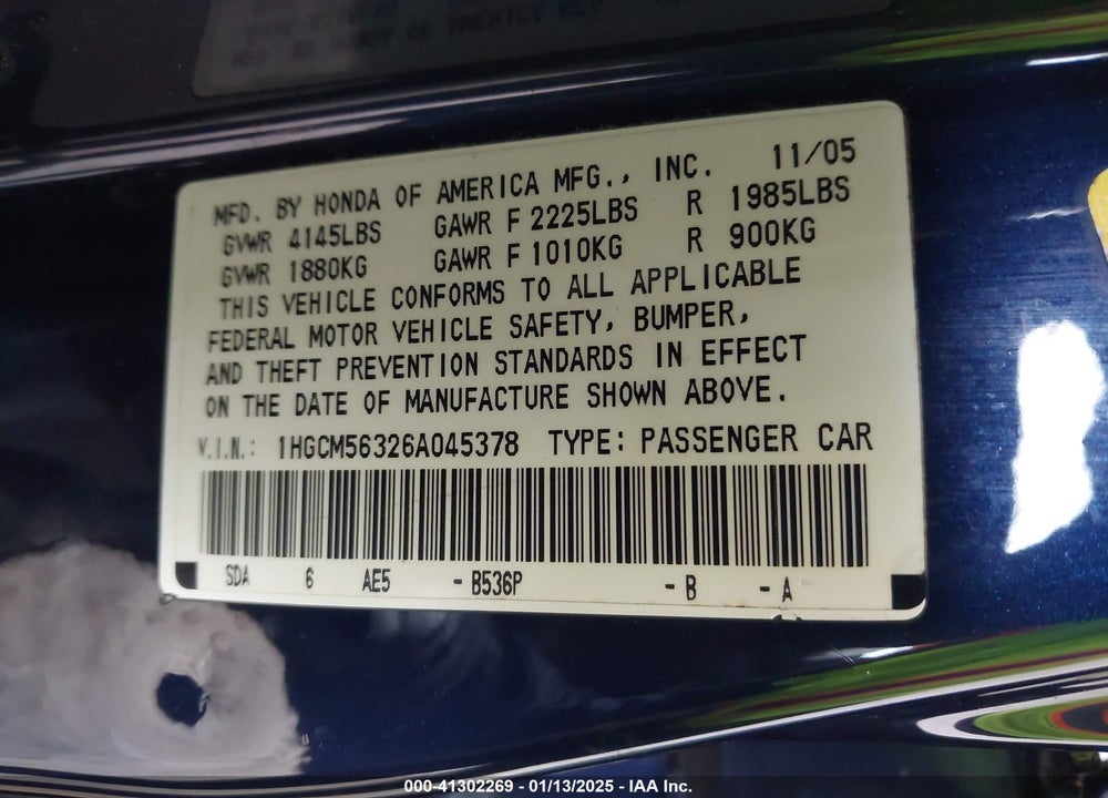 2006 HONDA ACCORD VIN: 1HGCM56326A045378