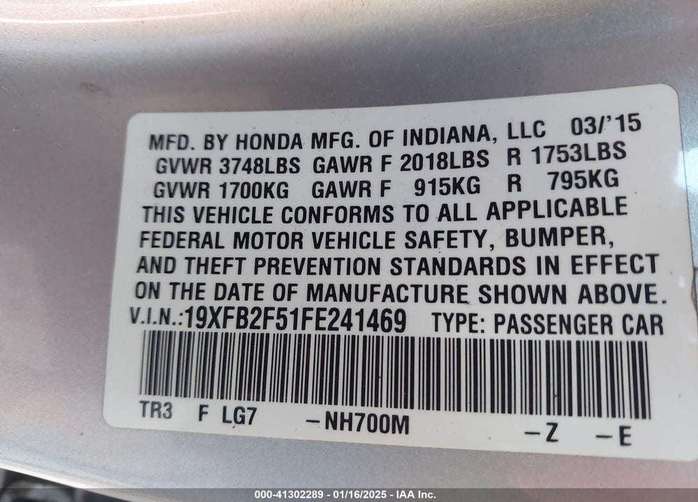 2015 HONDA CIVIC VIN: 19XFB2F51FE241469