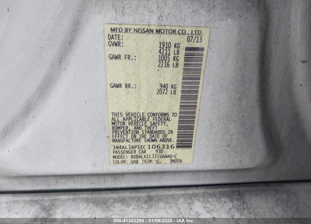 2014 NISSAN ALTIMA 2.5 SL VIN: 1N4AL3AP1EC106316