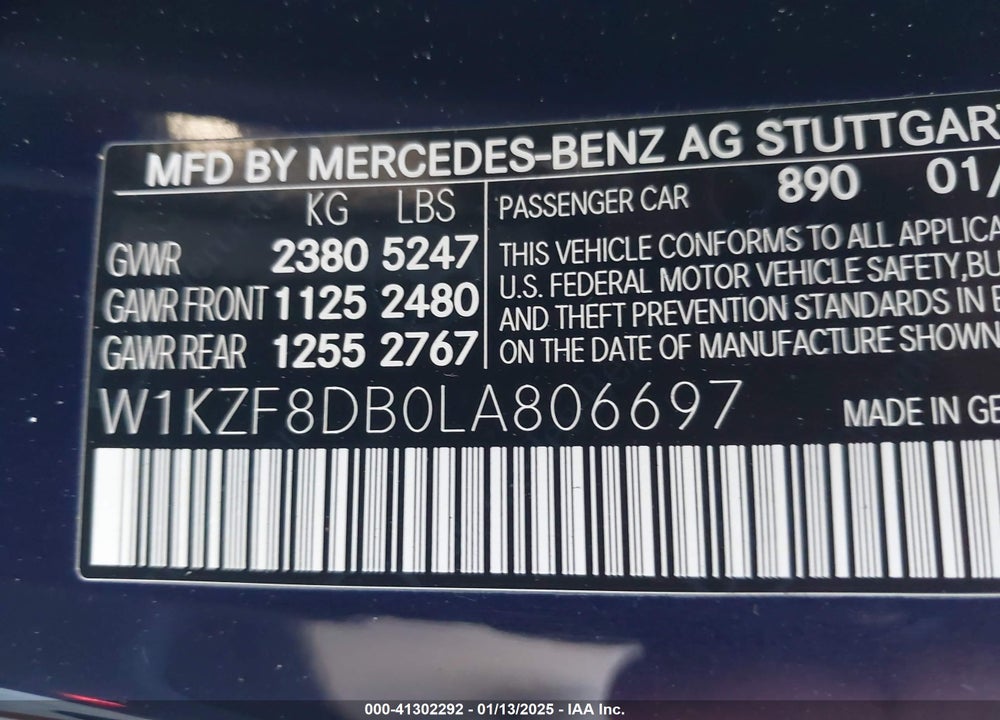 2020 MERCEDES-BENZ E 350 VIN: W1KZF8DB0LA806697