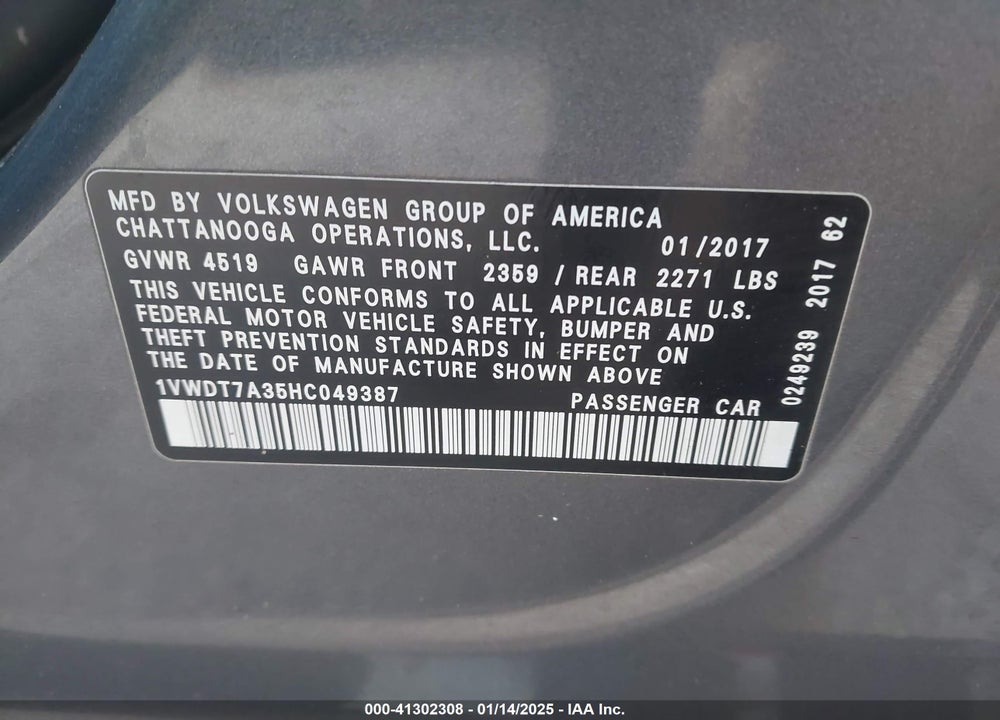 2017 VOLKSWAGEN PASSAT 1.8T R-LINE VIN: 1VWDT7A35HC049387