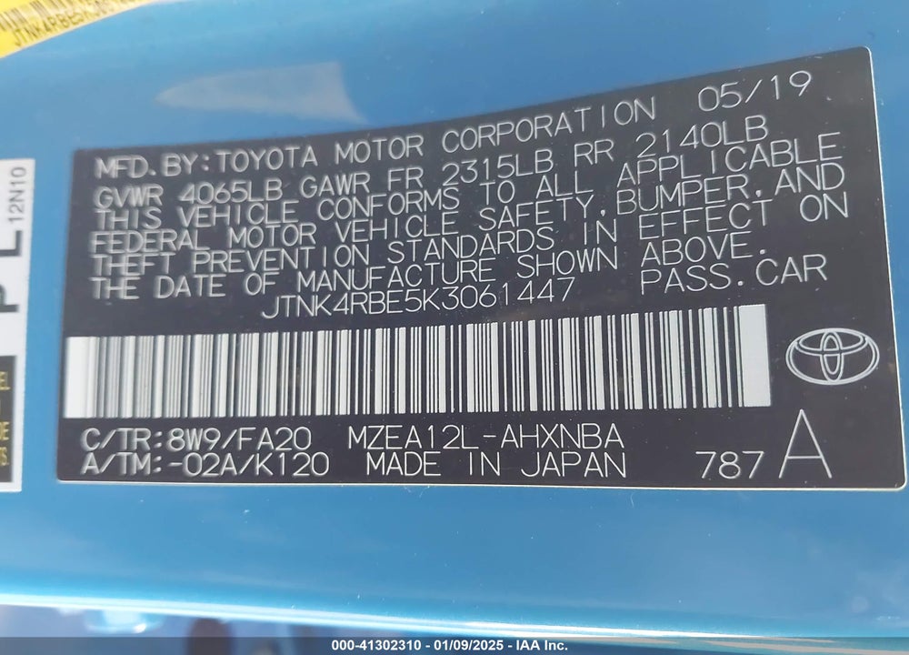 2019 TOYOTA COROLLA VIN: JTNK4RBE5K3061447