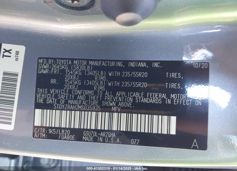 2021 TOYOTA HIGHLANDER LIMITED VIN: 5TDYZRAH2MS035935