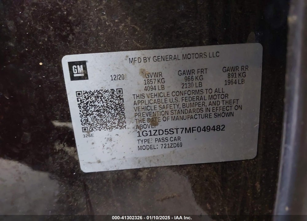 2021 CHEVROLET MALIBU VIN: 1G1ZD5ST7MF049482