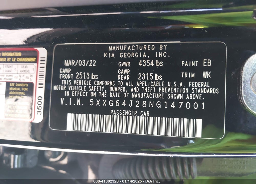 2022 KIA K5 VIN: 5XXG64J28NG147001