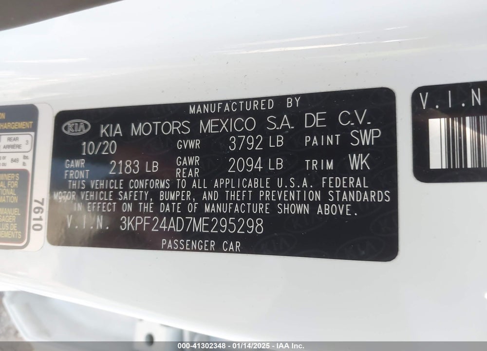 2021 KIA FORTE VIN: 3KPF24AD7ME295298
