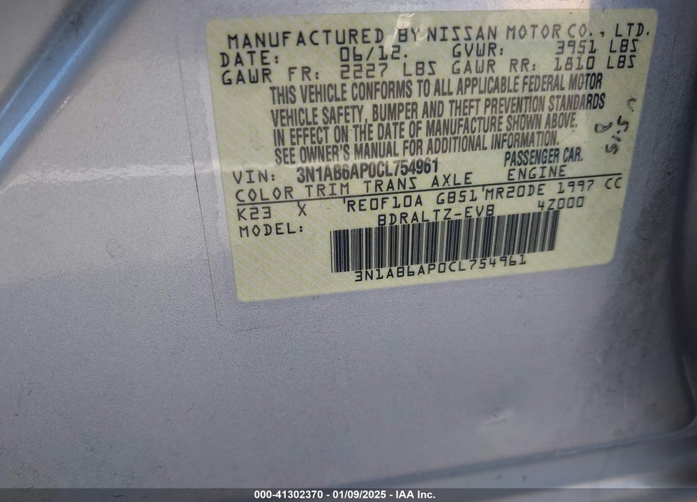 2012 NISSAN SENTRA VIN: 3N1AB6AP0CL754961