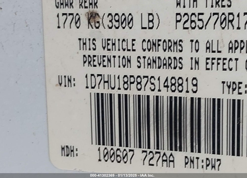 2007 DODGE RAM 1500 VIN: 1D7HU18P87S148819